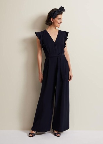 Phase Eight Kallie V Neck Frill Jumpsuit Navy Australia | MZ0376892